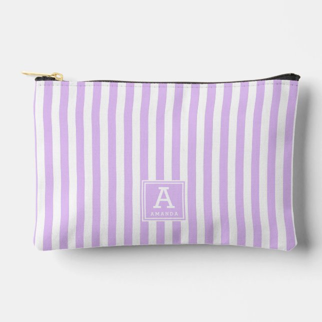 Cute Light Lavender White Stripes Monogrammed Accessory Pouch (Front)