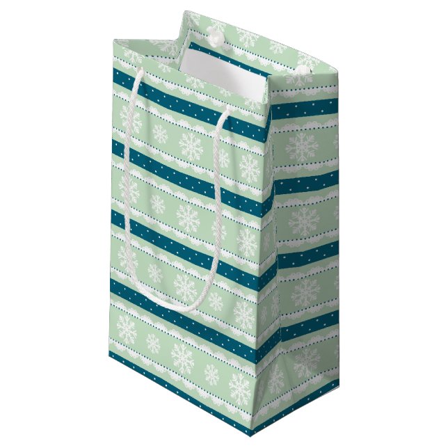 Cute Light Mint White Snowflakes Christmas Design Small Gift Bag (Front Angled)