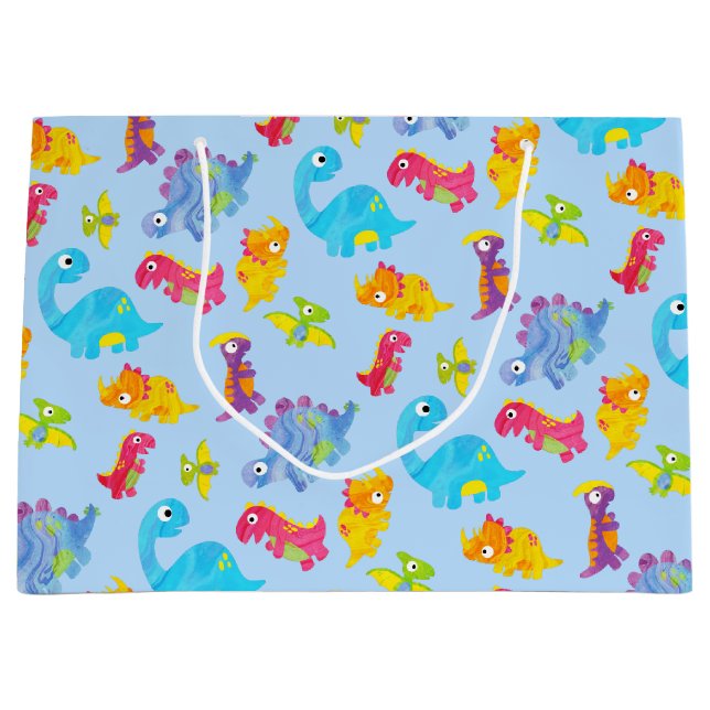 Cute Light Pastel Blue Baby Dinosaur Birthday Large Gift Bag (Front)