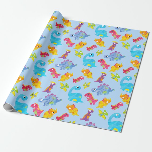 Cute Light Pastel Blue Baby Dinosaur Birthday Wrapping Paper (Unrolled)