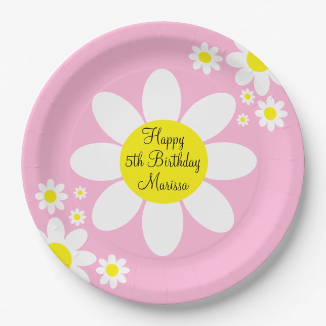 Cute Light Pink and White Floral 5th Birthday Paper Plate (Front)