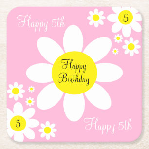 Cute Light Pink and White Floral 5th Birthday Square Paper Coaster