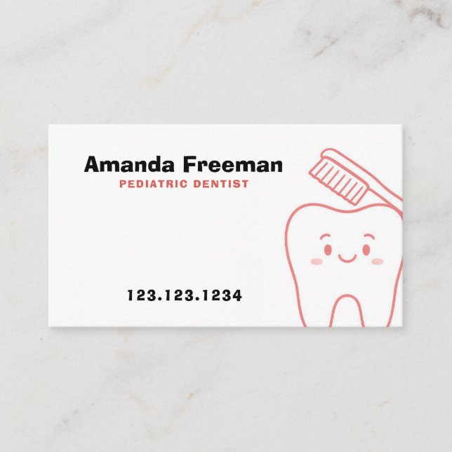 Cute Light Red Tooth & Brush Outline Kids Dentist Appointment Card (Front)