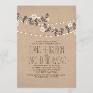 Cute Light Strings Floral Rustic Engagement Party Invitation