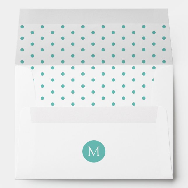 Cute light Teal and White Polka Dot Monogram Envelope (Back (Bottom))