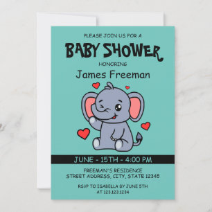 Cute Light Teal Vector Boy Elephant Baby Shower Invitation