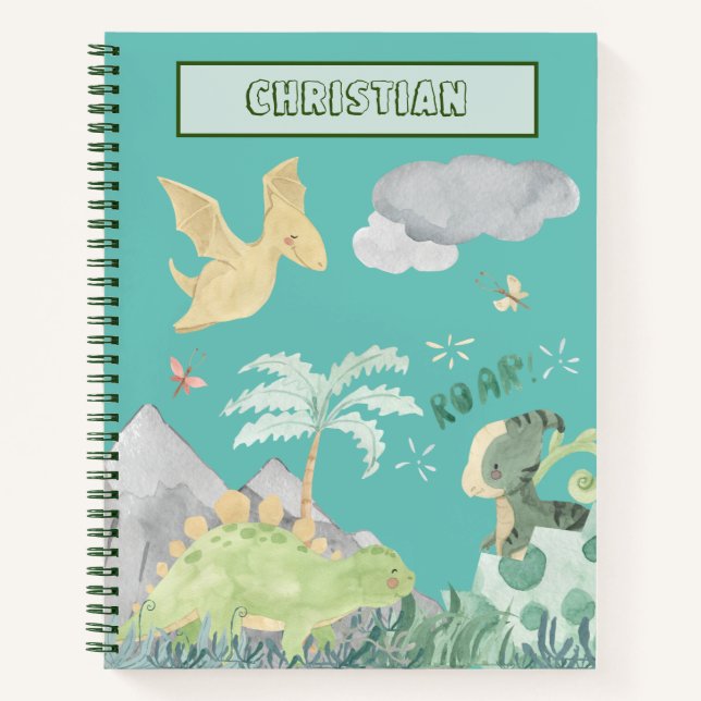 Cute Light Teal Watercolor Dinosaur Notebook (Front)