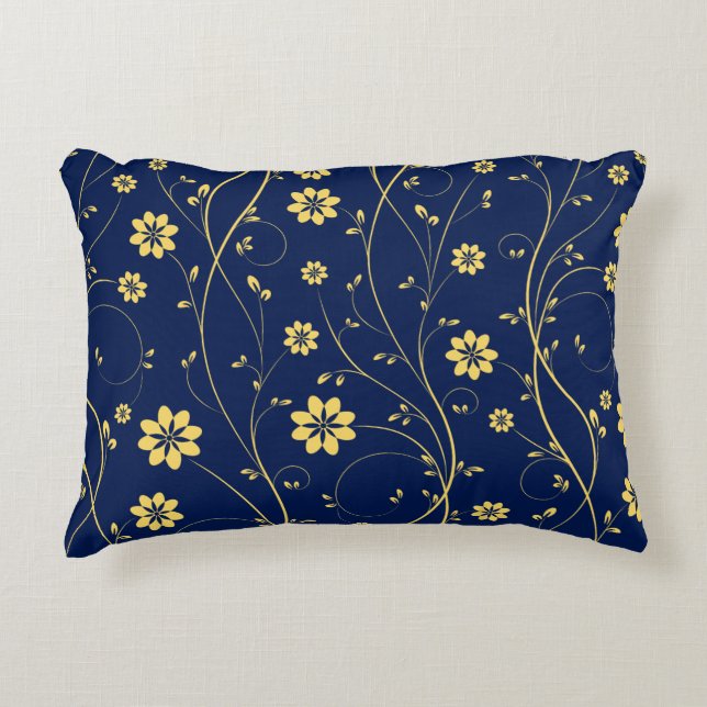 Cute Light Yellow & Blue Delicate Floral Pattern Decorative Cushion (Front)