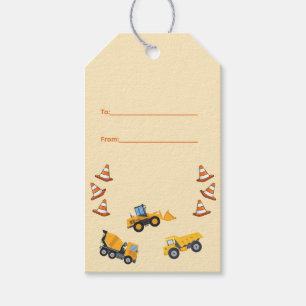 Cute Light Yellow Kids Construction Truck Birthday Gift Tags