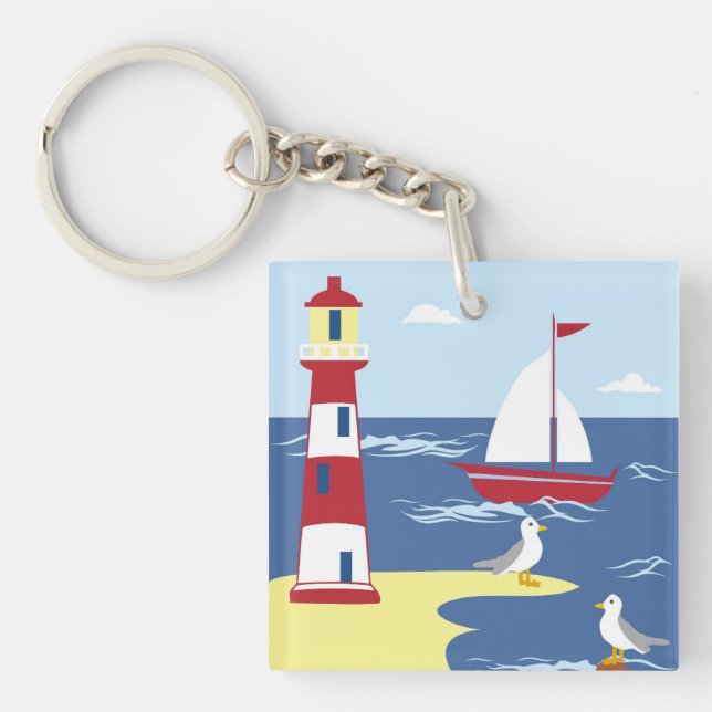 Cute Lighthouse and Boat Seaside Art Key Ring (Front)