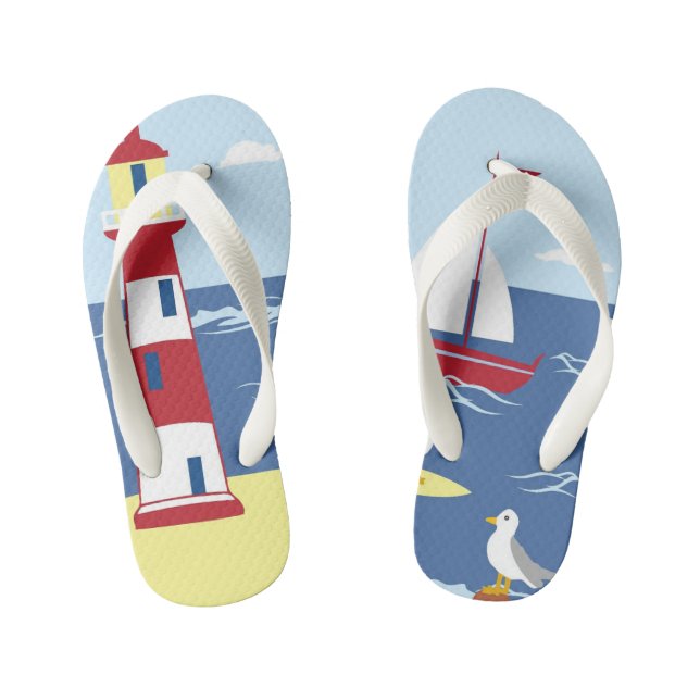 Cute Lighthouse and Boat Seaside Art Kid's Flip Flops (Footbed)