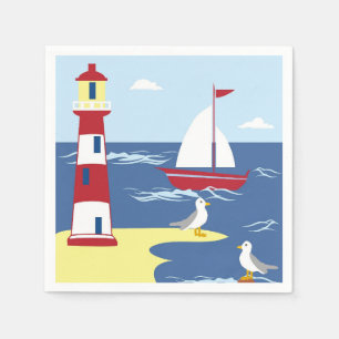 Cute Lighthouse and Boat Seaside Art Napkin