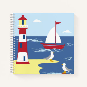 Cute Lighthouse and Boat Seaside Art Notebook