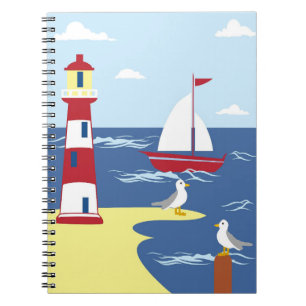 Cute Lighthouse and Boat Seaside Art Notebook