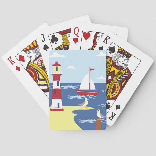 Cute Lighthouse and Boat Seaside Art Playing Cards (Back)