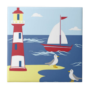 Cute Lighthouse and Boat Seaside Art Tile