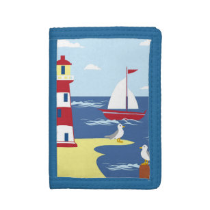 Cute lighthouse and Boat Seaside Illustration Trifold Wallet