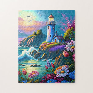 Cute lighthouse lovers beach jigsaw puzzle