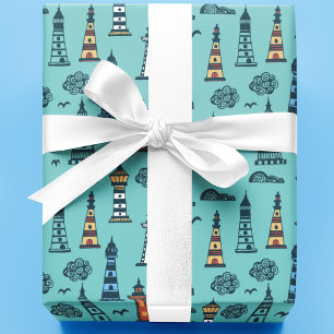 Cute Lighthouse Pattern   Light Blue Wrapping Paper