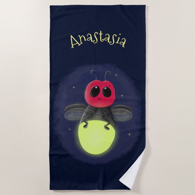 Cute lightning bug firefly cartoon illustration beach towel (Front)