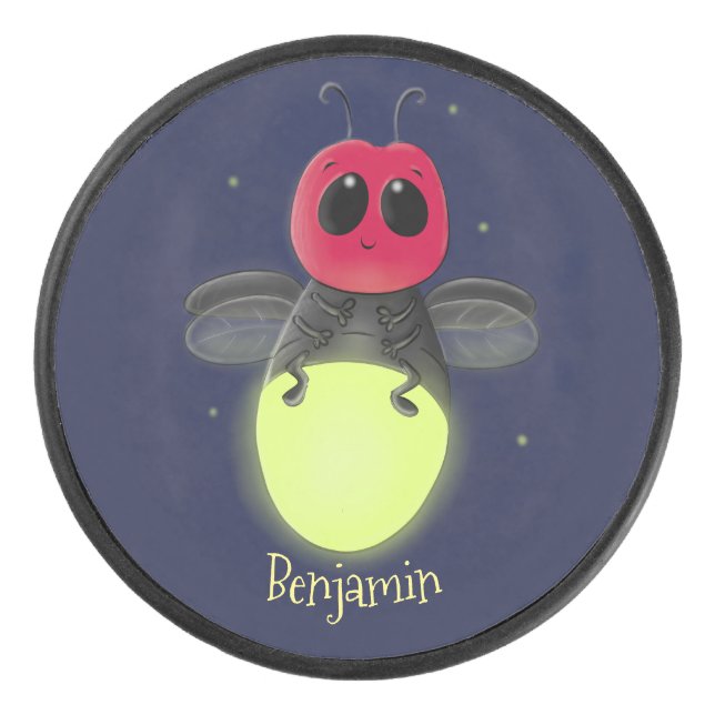 Cute lightning bug firefly cartoon illustration hockey puck (Front)