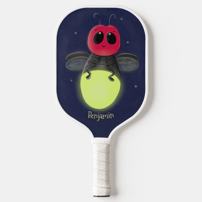 Cute lightning bug firefly cartoon illustration pickleball paddle (Front)