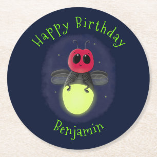 Cute lightning bug firefly cartoon illustration round paper coaster