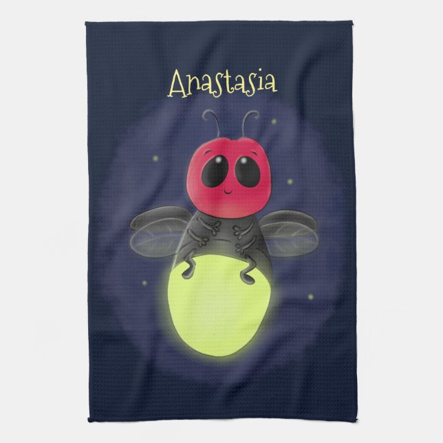 Cute lightning bug firefly cartoon illustration tea towel (Vertical)