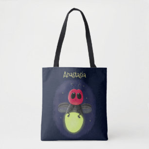 Cute lightning bug firefly cartoon illustration tote bag