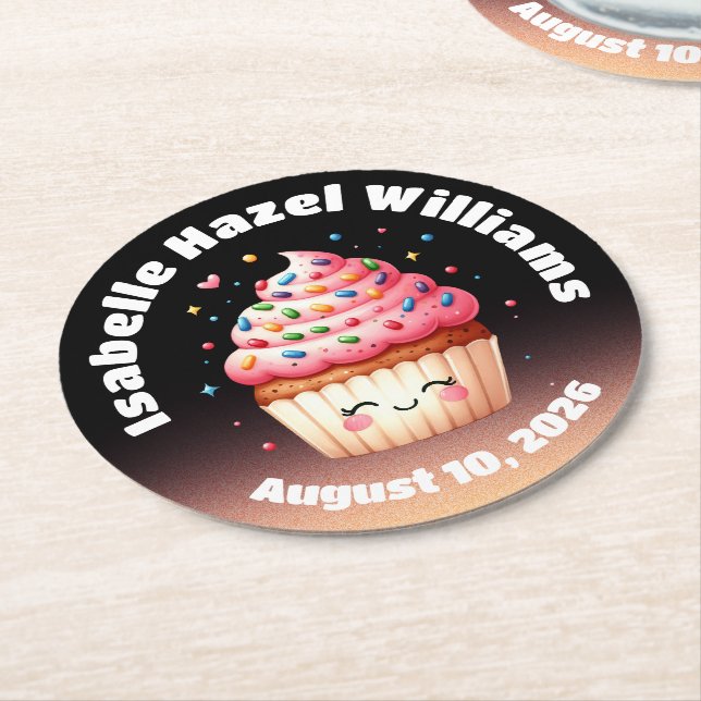 Cute L'il Cupcake Candy Sprinkles Baby Shower Round Paper Coaster (Angled)