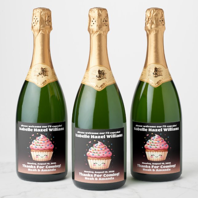 Cute L'il Cupcake Sprinkles Baby Shower Welcome Sparkling Wine Label (Bottles)
