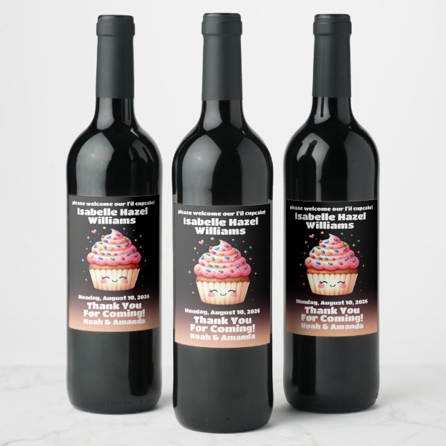 Cute L'il Cupcake Sprinkles Baby Shower Welcome Wine Label (Bottles)