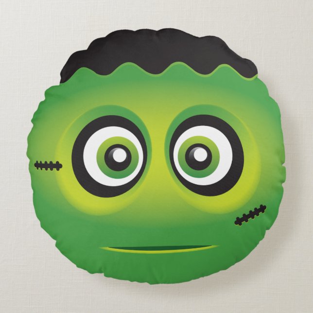 Cute lil' green monster emoji round cushion (Front)