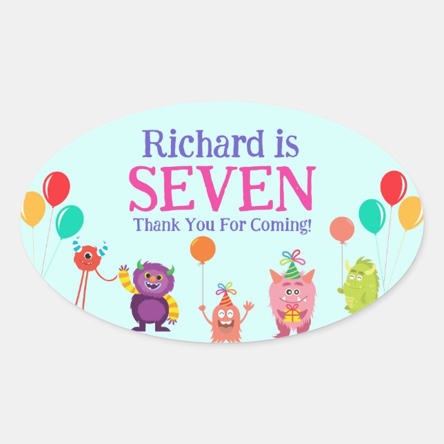 Cute lil monster cartoon fun birthday party oval sticker (Front)
