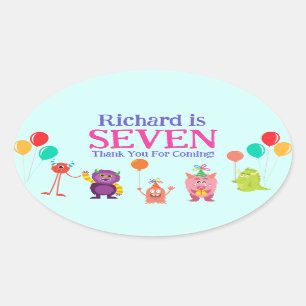 Cute lil monster cartoon fun birthday party oval sticker