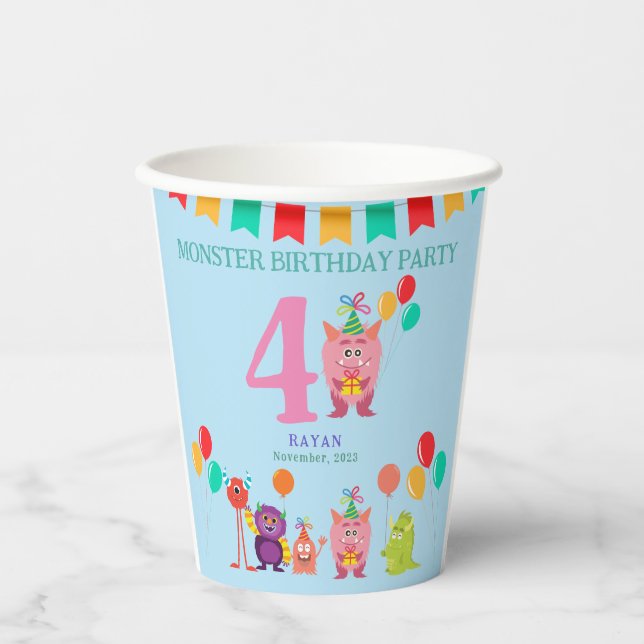 Cute lil monster cartoon fun birthday party paper cups (Front)
