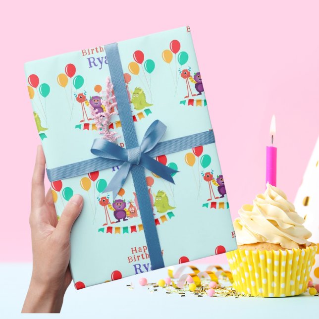 Cute lil monster cartoon fun birthday party wrapping paper (Creator Uploaded)