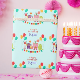 Cute lil monster cartoon fun birthday party wrapping paper