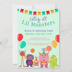 Cute lil Monster Cartoon Tal Birthday Party Invitation