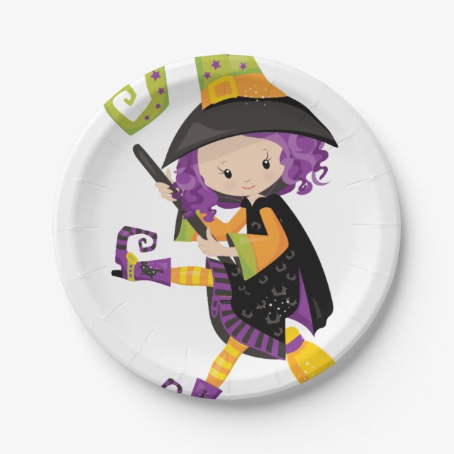 Cute Lil Witch With Purple Hair on A Broomstick Paper Plate (Front)