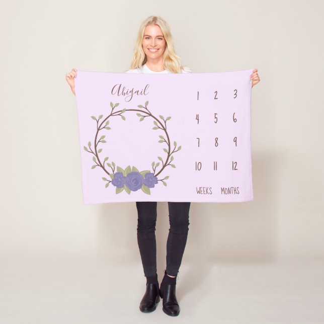 Cute Lilac Floral Wreath Baby Milestone Fleece Blanket (In Situ)