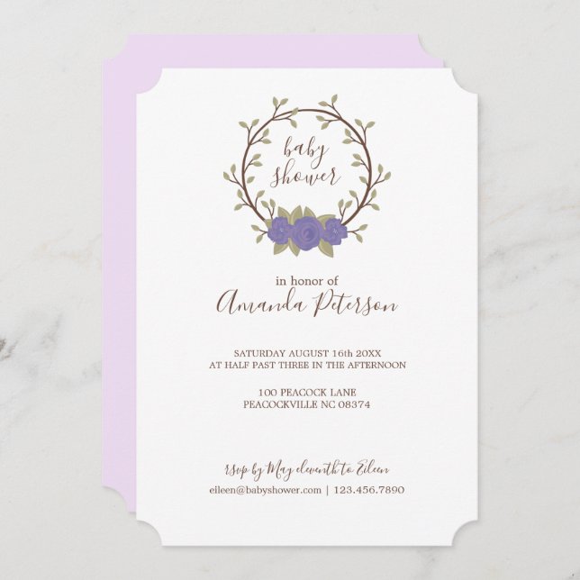 Cute Lilac Floral Wreath Baby Shower Invitation (Front/Back)