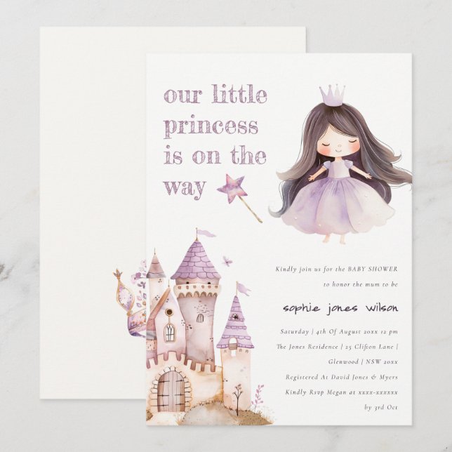Cute Lilac Princess Castel Watercolor Baby Shower Invitation (Front/Back)