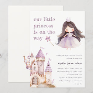 Cute Lilac Princess Castel Watercolor Baby Shower Invitation