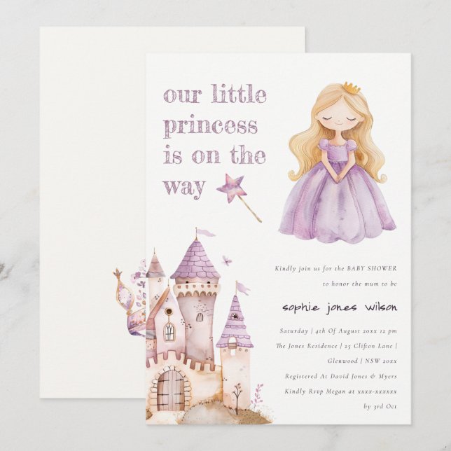 Cute Lilac Princess Castel Watercolor Baby Shower Invitation (Front/Back)