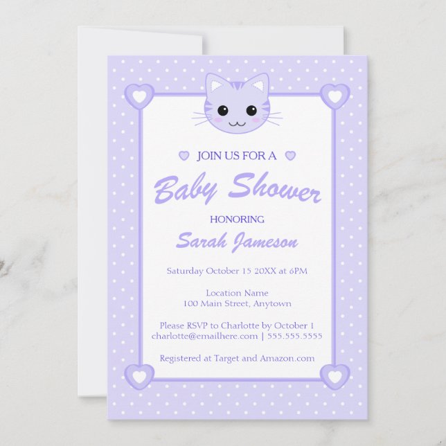 Cute Lilac Purple Cartoon Cat Kitten Baby Shower Invitation (Front)