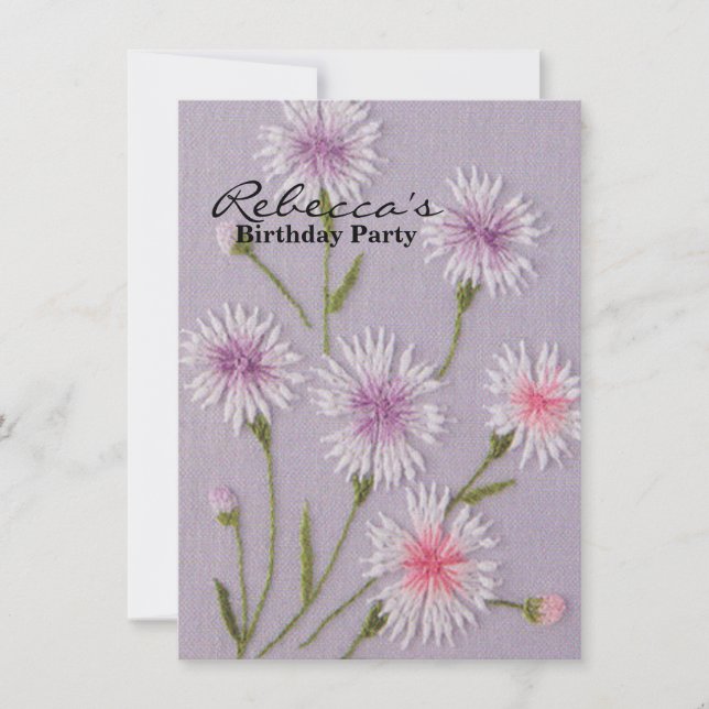 cute lilac purple embroidery floral white daisy invitation (Front)