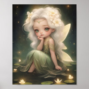 Cute Lilypad Fairy with Flowers, Whimsical Art Poster