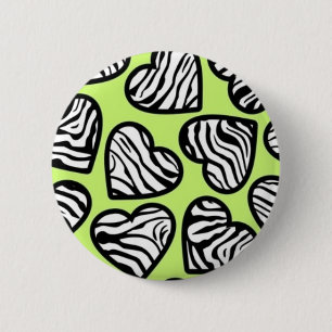 Cute lime green black white zebra pattern heart 6 cm round badge