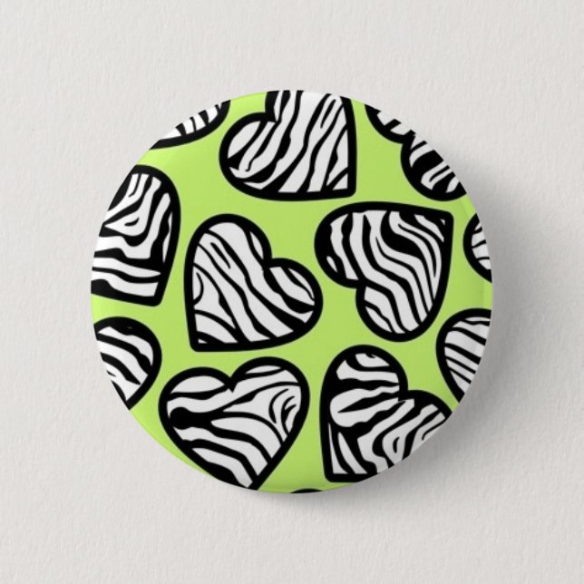 Cute lime green black white zebra pattern heart 6 cm round badge (Front)